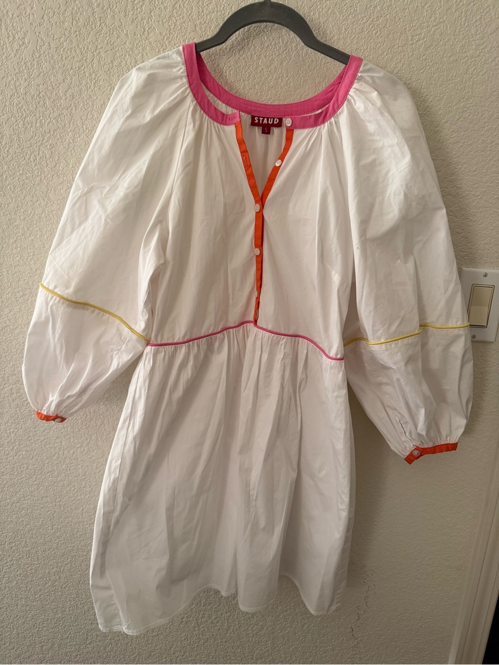 STAUD White Poplin Dress with Pink, Orange & Yellow Trim